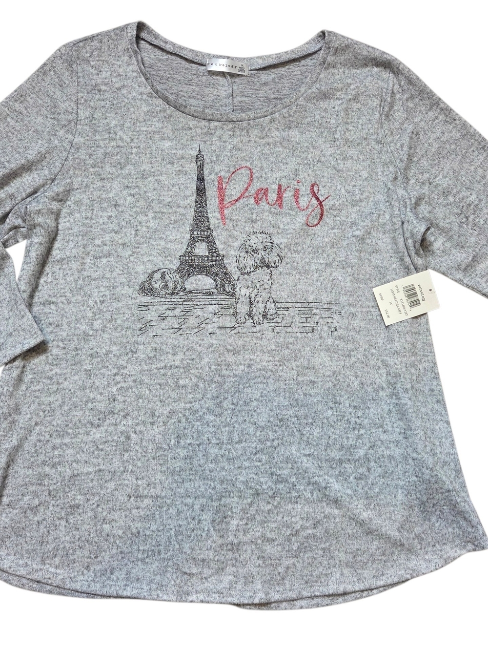 Retrology Women's Paris Graphic 3/4 Sleeve Top - Lt Heather Gray, SOFT, NWT